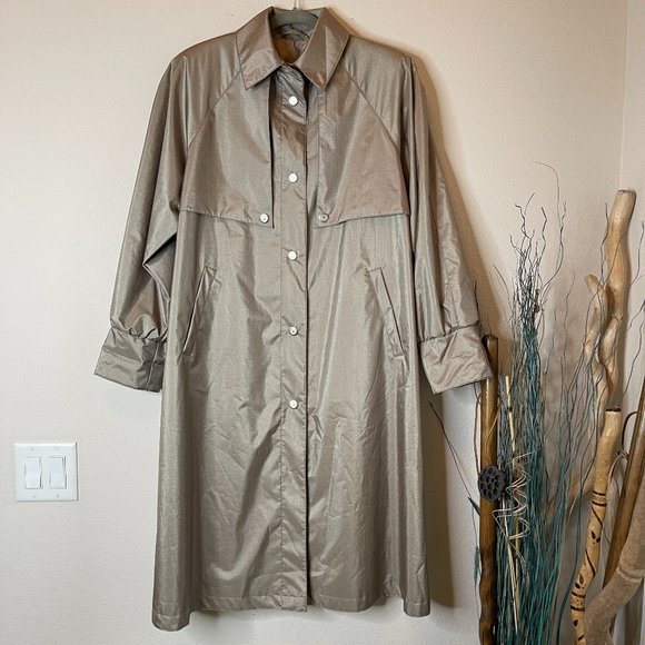 MS Cambridge Oversized Rain Trench Coat Pewter Gold Puff Sleeve Size 6 Vintage - Picture 2 of 7